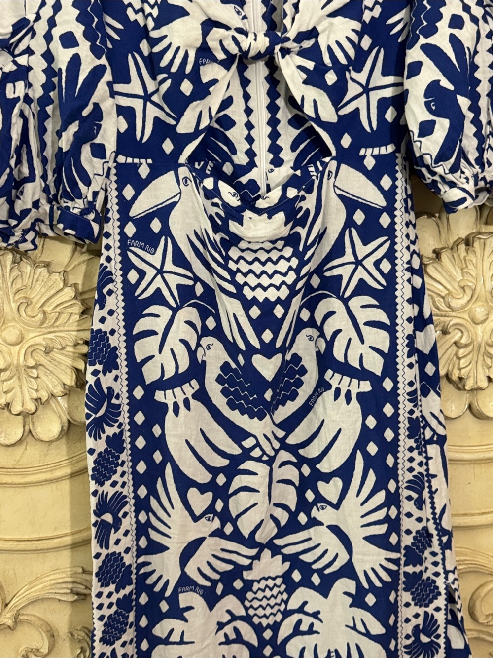 Farm Rio Jungle Scarf Puff Sleeve Cutout Linen Blend Dress In Navy Blue Size S - Picture 8 of 16